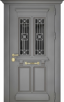 Утепленная термодверь с металлобагетом, карнизом, ковкой и стеклом (полимерная серая покраска)